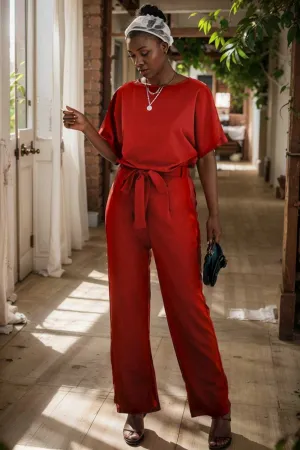 burning red belted wide leg jumpsuit