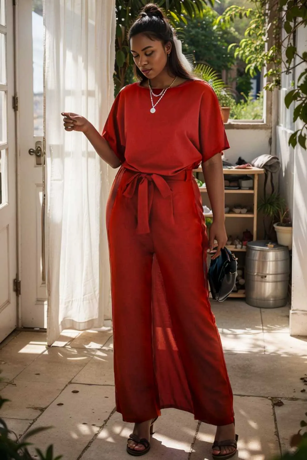 burning red belted wide leg jumpsuit