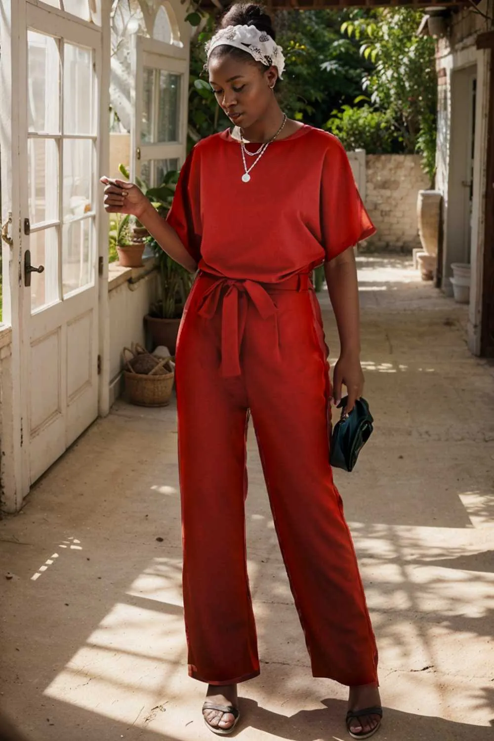 burning red belted wide leg jumpsuit