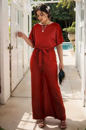 burning red belted wide leg jumpsuit