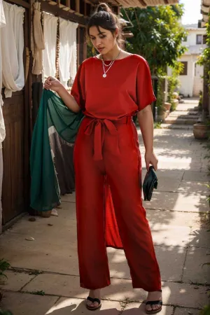 burning red belted wide leg jumpsuit