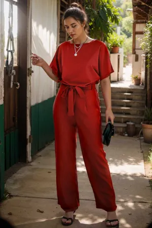 burning red belted wide leg jumpsuit