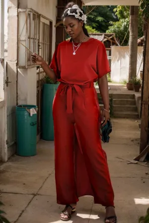 burning red belted wide leg jumpsuit