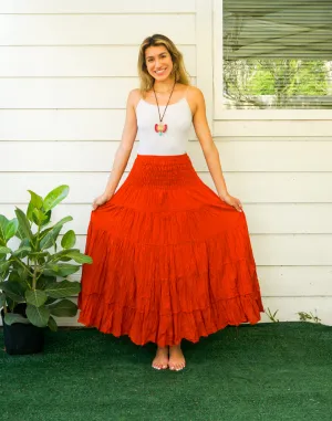 Burnt Rust Orange Raw Crinkled Organic Cotton Gauze Tiered Maxi Skirt
