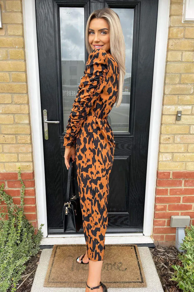 Camel Animal Printed Ruched Sleeve Jumpsuit