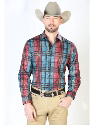 Camisa Vaquera Manga Larga Estampada Cuadros Azul para Hombre 'El Señor de los Cielos' - ID: 43851