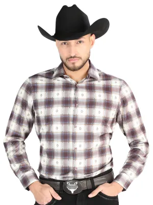 Camisa Vaquera Manga Larga Estampada Cuadros Beige/Vino para Hombre 'El Señor de los Cielos' - ID: 44713