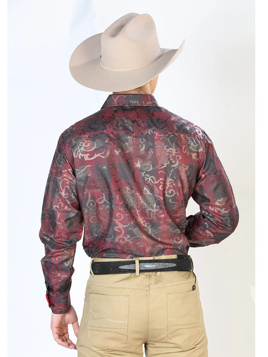 Camisa Vaquera Manga Larga Estampada Cuadros Rojo/Negro para Hombre 'El Señor de los Cielos' - ID: 43795