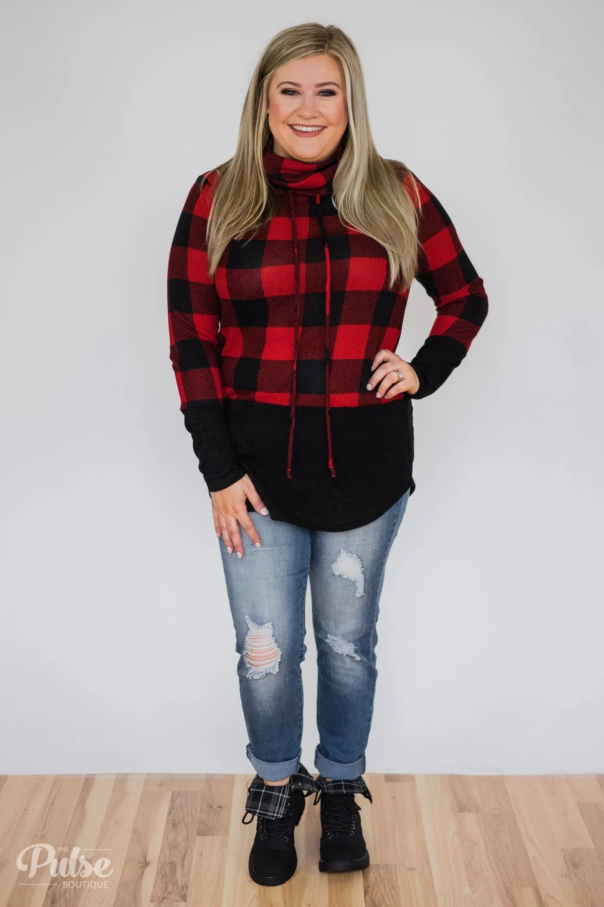 Can't Say No Buffalo Plaid Cowl Neck Top