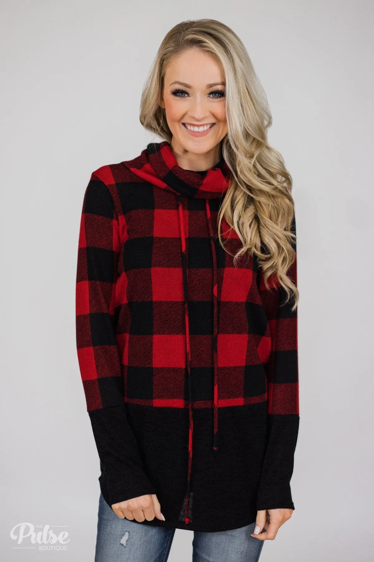 Can't Say No Buffalo Plaid Cowl Neck Top