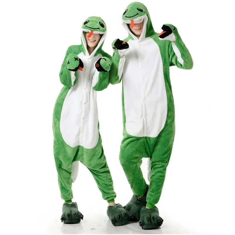 Cartoon Flannel One-Piece Pajamas – Green Snake & Monkey
