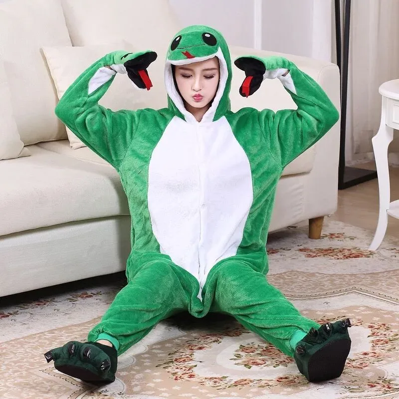 Cartoon Flannel One-Piece Pajamas – Green Snake & Monkey