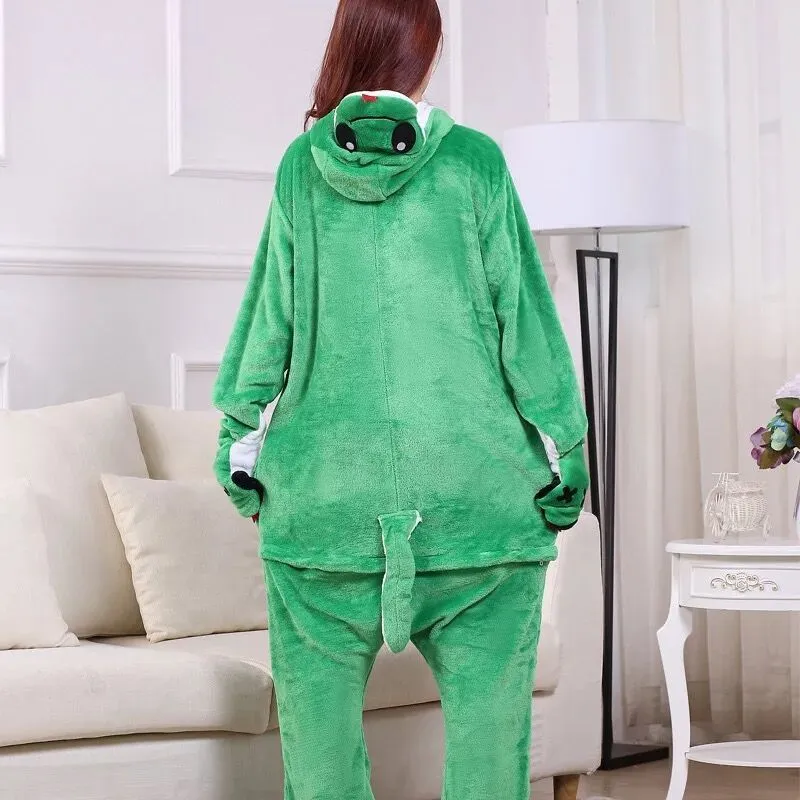 Cartoon Flannel One-Piece Pajamas – Green Snake & Monkey