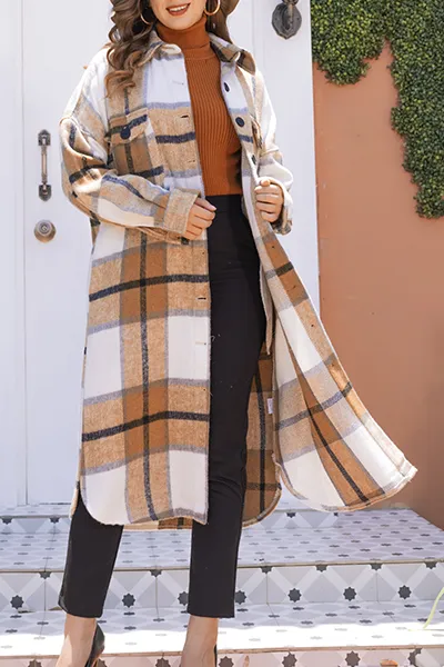 Casual Plaid Pocket Buckle Turndown Collar Outerwear