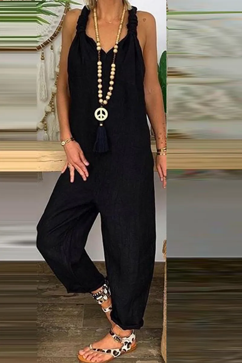 Casual Solid Backless Knotted V Neck Loose Jumpsuits(6 Colors)