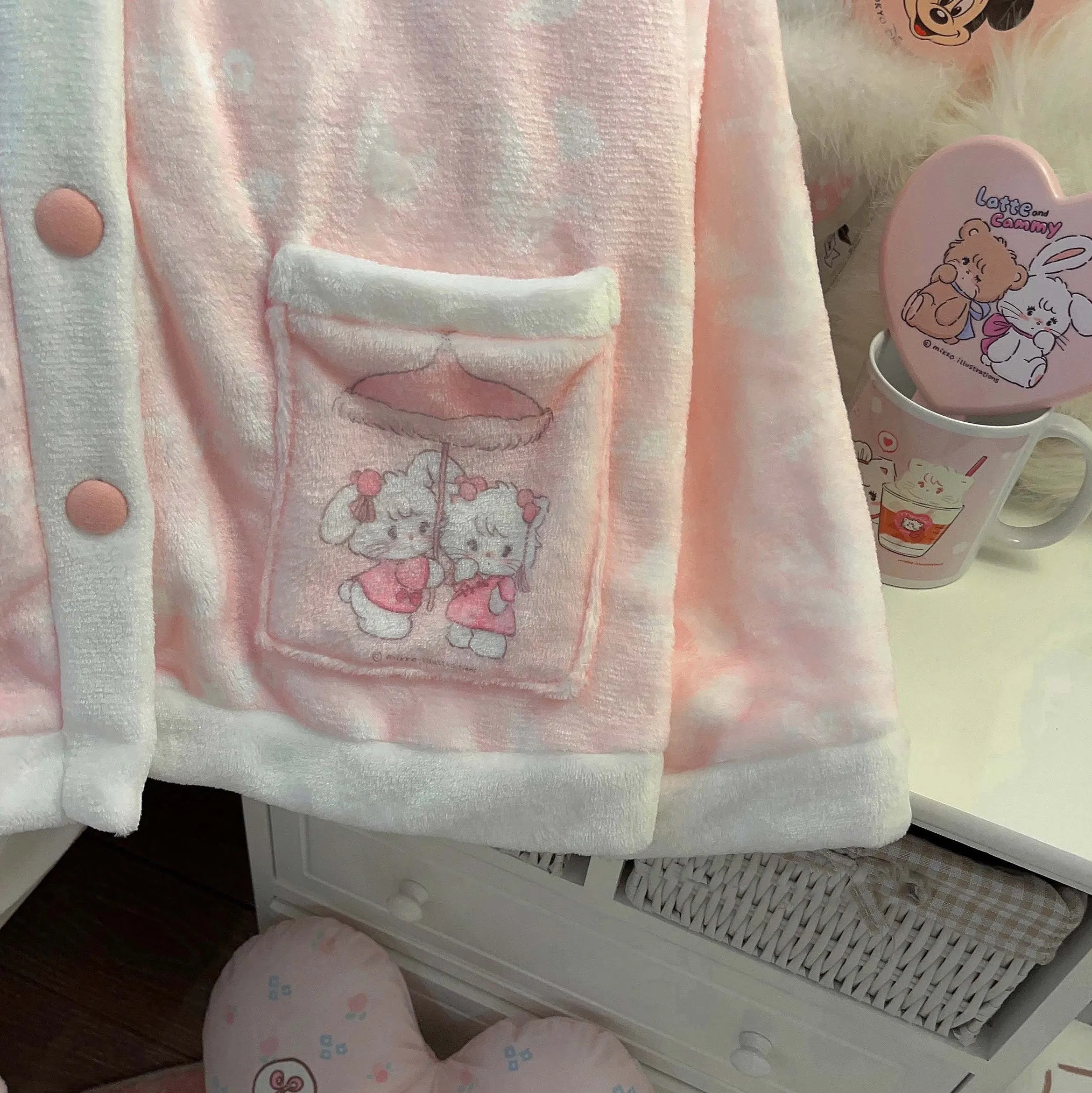 Cat Cute Plush Flannel Pink Sleepwear Pajamas Top & Pants Two Piece