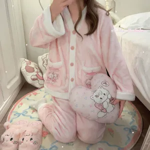 Cat Cute Plush Flannel Pink Sleepwear Pajamas Top & Pants Two Piece