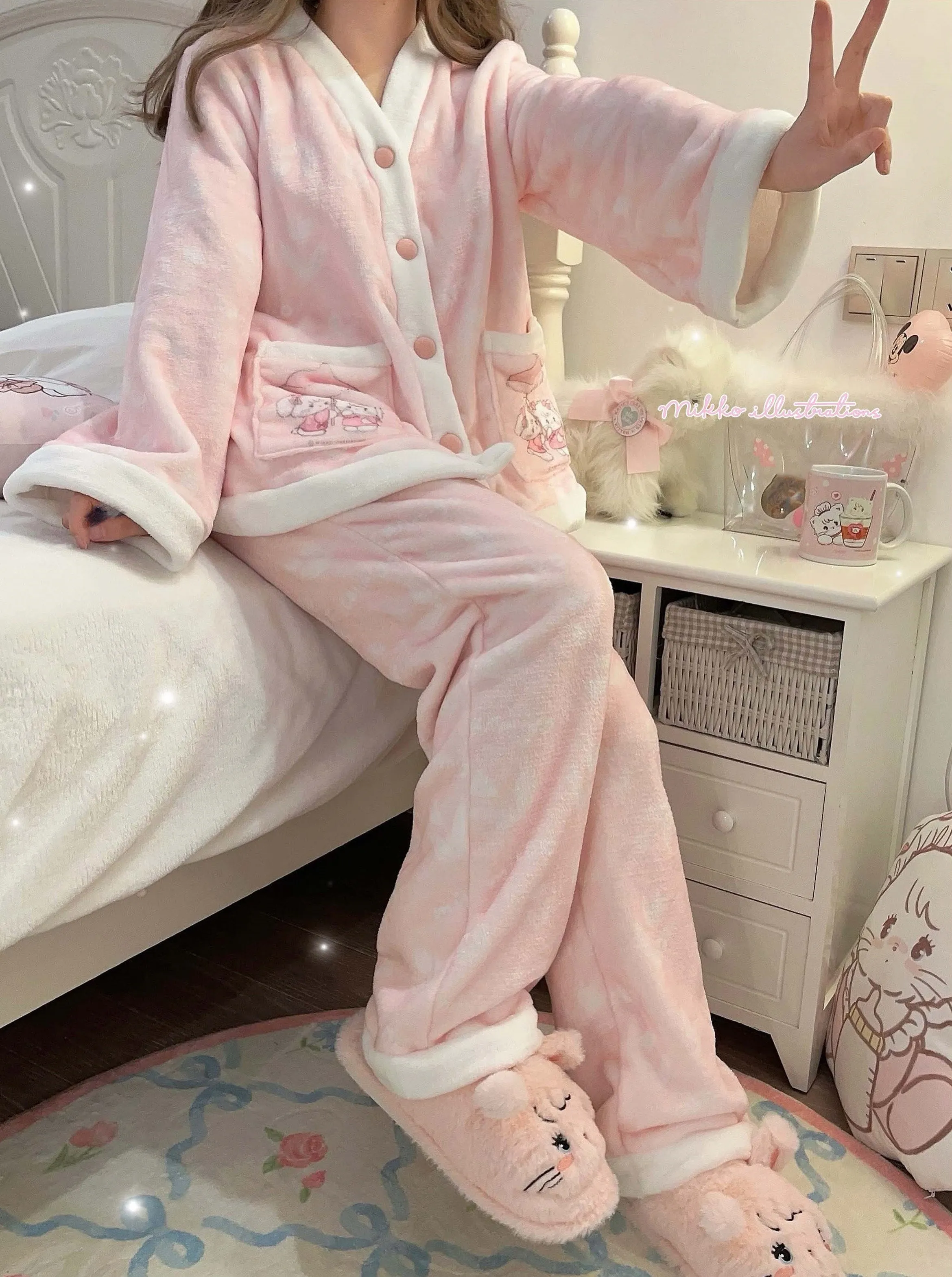 Cat Cute Plush Flannel Pink Sleepwear Pajamas Top & Pants Two Piece