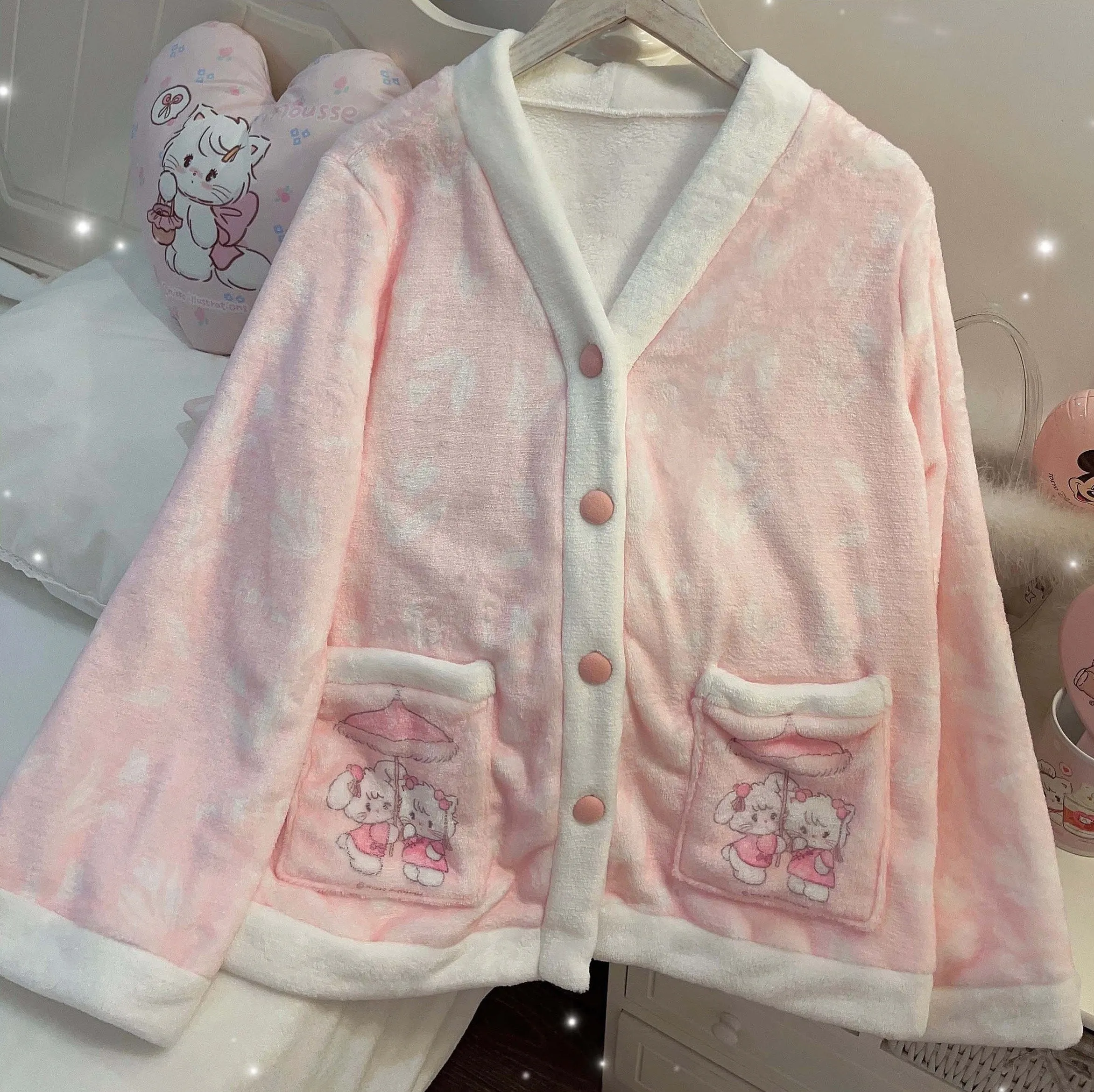 Cat Cute Plush Flannel Pink Sleepwear Pajamas Top & Pants Two Piece