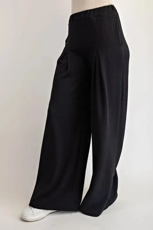 Celeste Full Size Ribbed Wide-Leg Pants with Pockets Plus Size