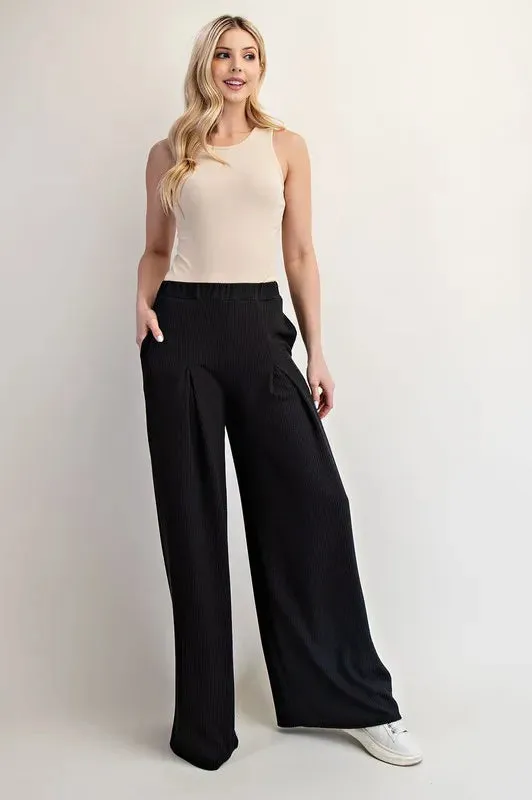 Celeste Full Size Ribbed Wide-Leg Pants with Pockets Plus Size
