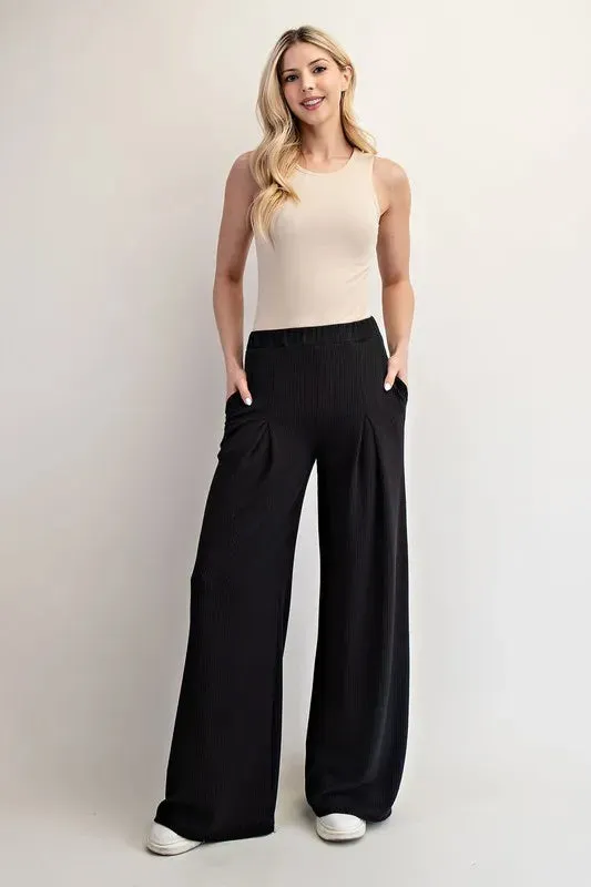 Celeste Full Size Ribbed Wide-Leg Pants with Pockets Plus Size