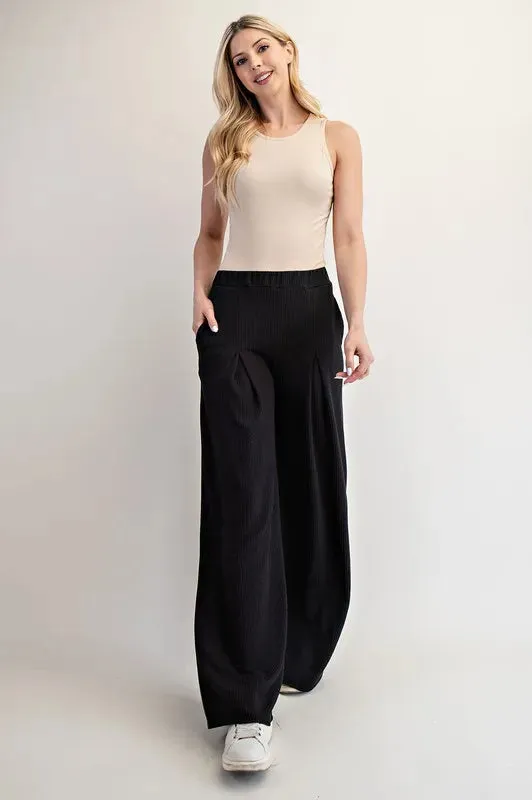 Celeste Full Size Ribbed Wide-Leg Pants with Pockets Plus Size