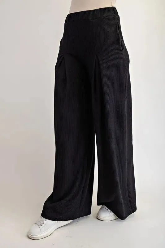 Celeste Full Size Ribbed Wide-Leg Pants with Pockets Plus Size