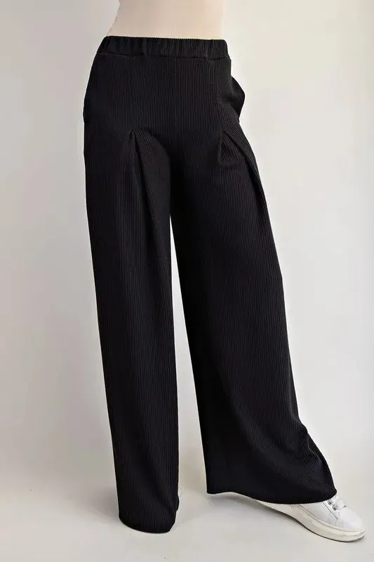 Celeste Full Size Ribbed Wide-Leg Pants with Pockets Plus Size