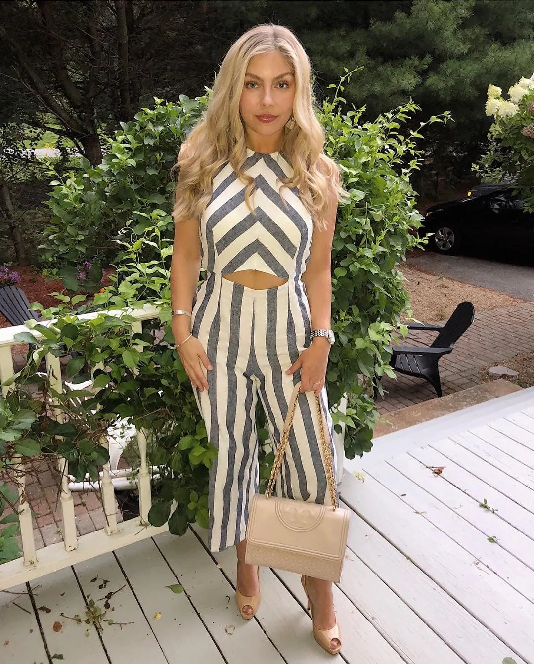 Chambray Cut Out Striped Halter Jumpsuit