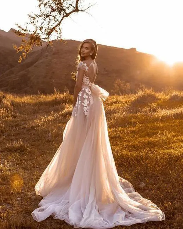 Champagne Tulle Wedding Dress Open Back Cap Sleeves Lace Appliques Summer Garden Boho Tulle Bridal Gowns