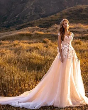 Champagne Tulle Wedding Dress Open Back Cap Sleeves Lace Appliques Summer Garden Boho Tulle Bridal Gowns