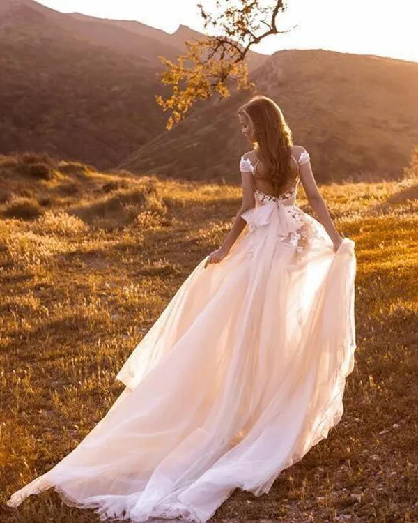 Champagne Tulle Wedding Dress Open Back Cap Sleeves Lace Appliques Summer Garden Boho Tulle Bridal Gowns