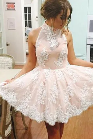 Charming High Neck White Lace Sleeveless Homecoming Dresses for Girls, MH395
