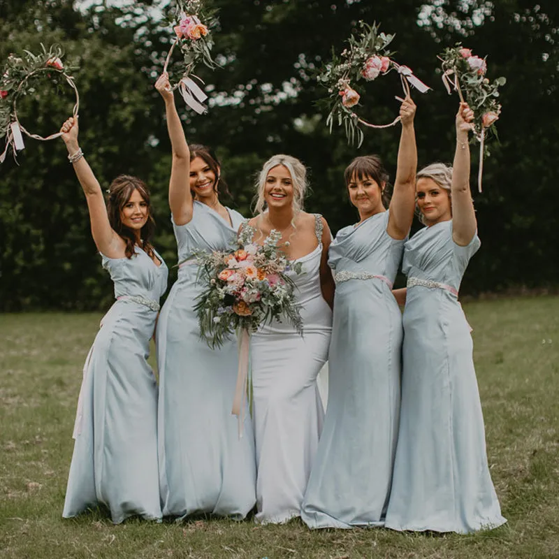 Charming Scoop Neckline Light Blue Elastic Silk Long Cheap Bridesmaid Dresses, BDS0101