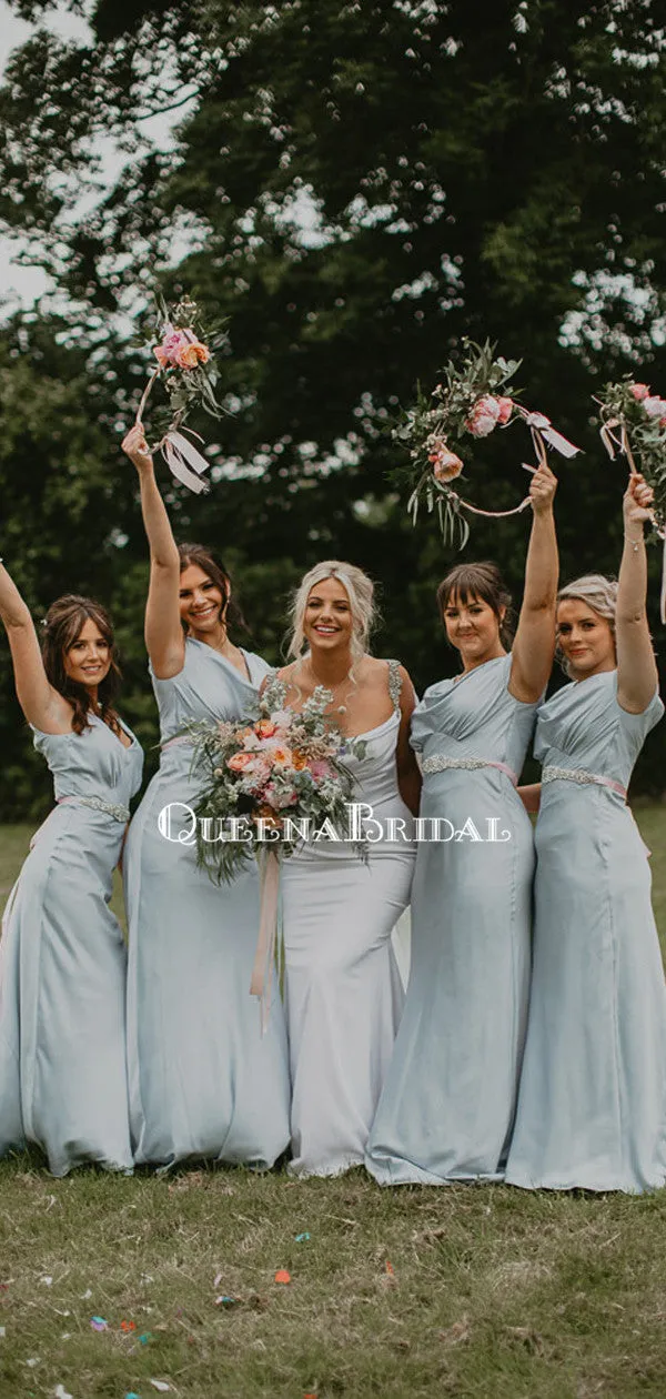Charming Scoop Neckline Light Blue Elastic Silk Long Cheap Bridesmaid Dresses, BDS0101
