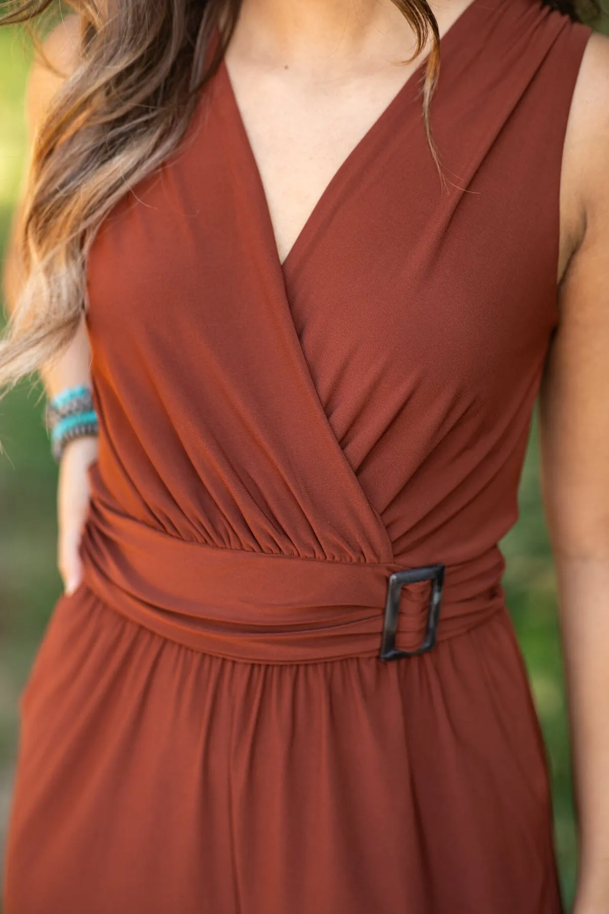Chestnut V-Neck Wide Leg Jumpsuit