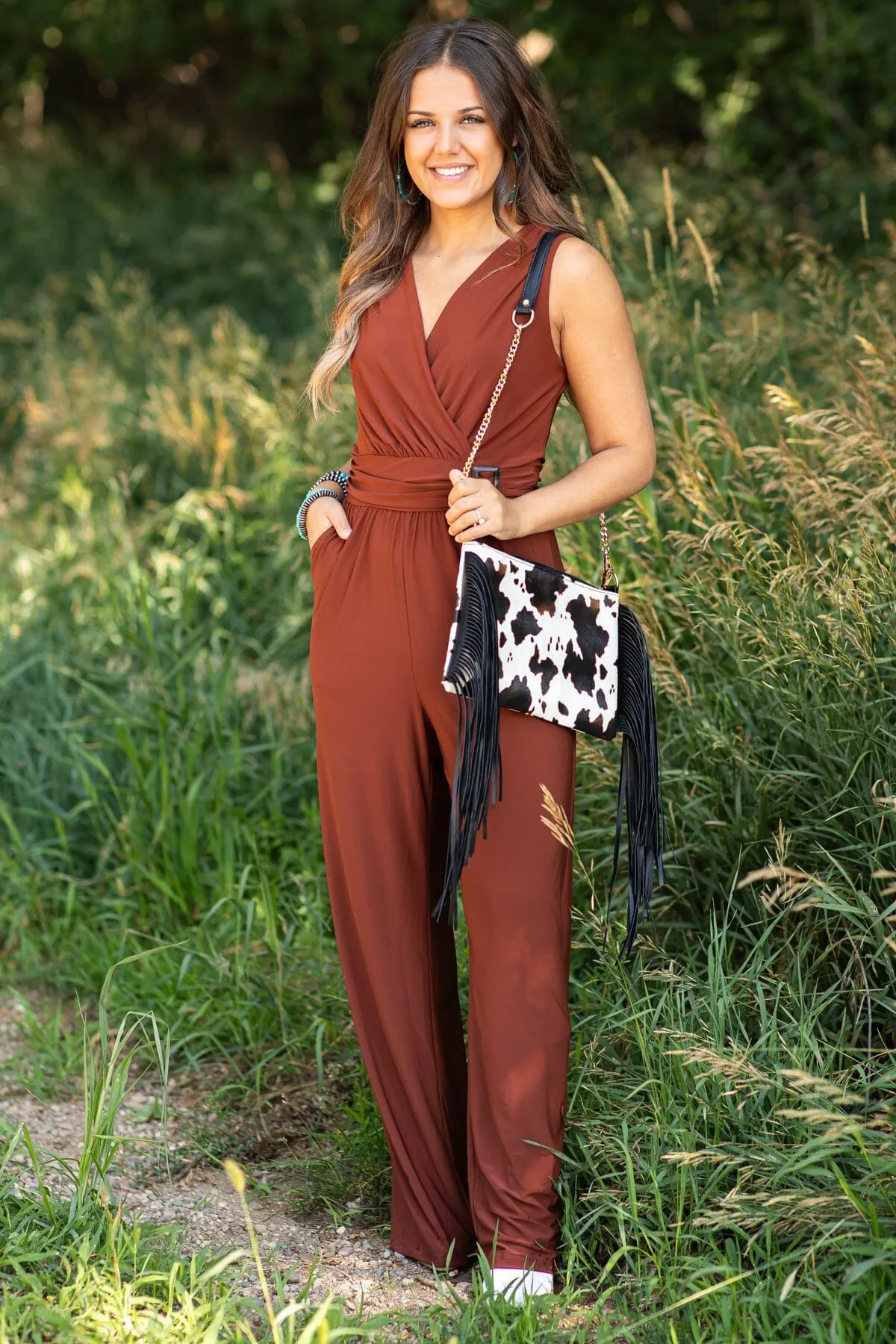 Chestnut V-Neck Wide Leg Jumpsuit