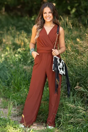 Chestnut V-Neck Wide Leg Jumpsuit