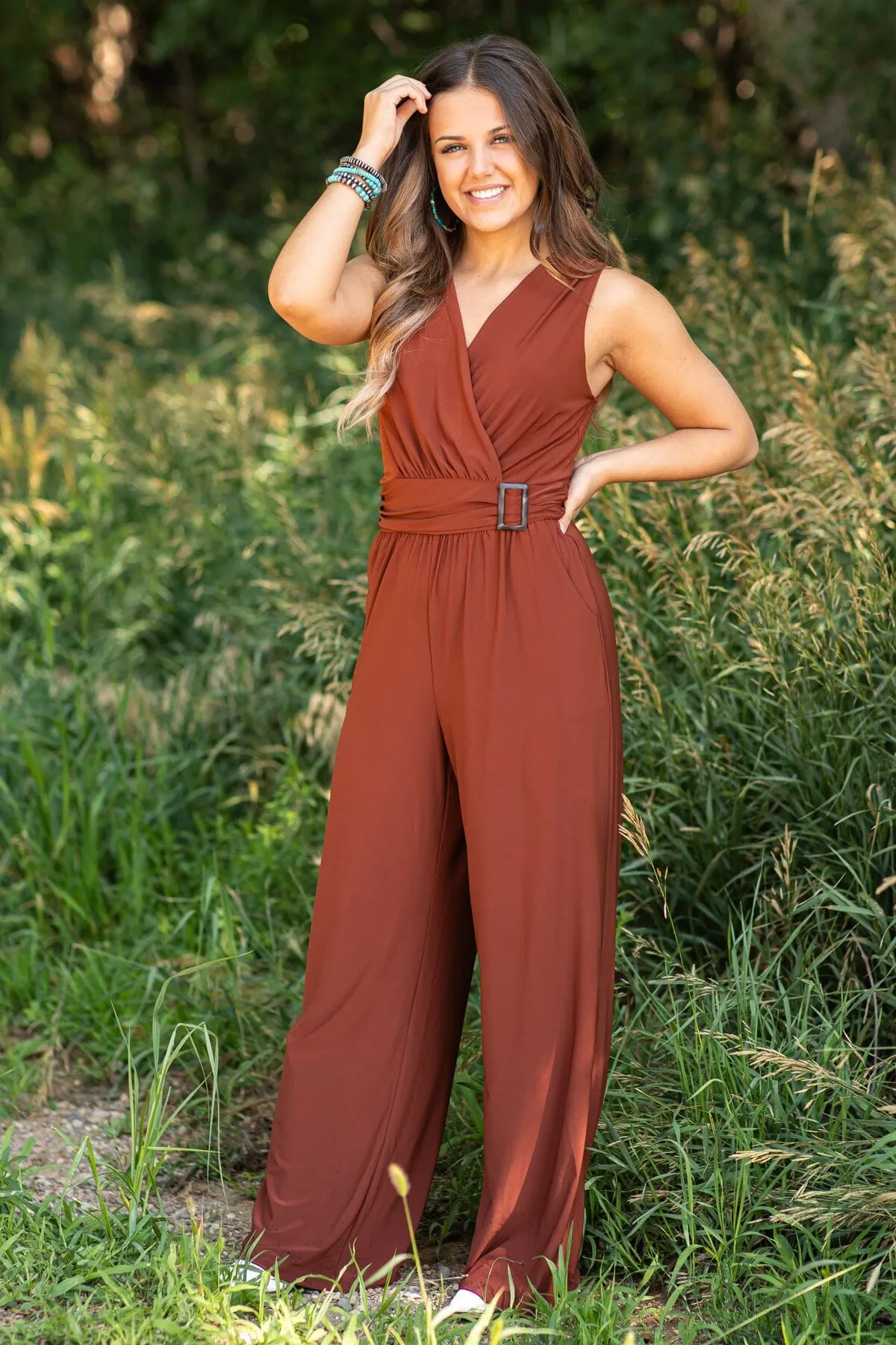 Chestnut V-Neck Wide Leg Jumpsuit