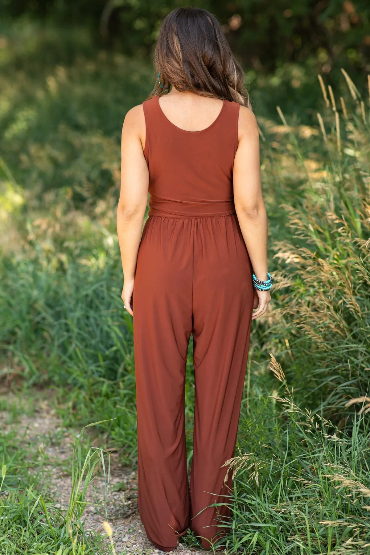 Chestnut V-Neck Wide Leg Jumpsuit