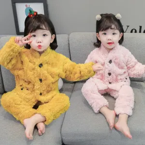 Children's Autumn and Winter Pajamas Girls' Flannel Little Girl Baby Winter Plush Thickened Home Clothes Warm Suit