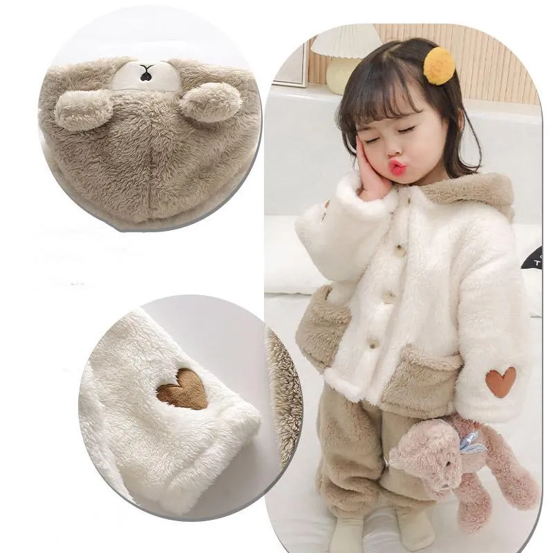 Children's Thickened Coral Velvet Home Clothes Winter Boys and Girls Bear Lovely Flannel Warm Pajamas Set