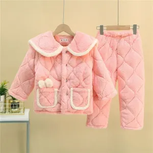 Children's Thickened Pajamas Girls Three-layer Quilted Flannel Soft-touch Home Service Suits Baby Girl Plus Velvet To Keep Warm