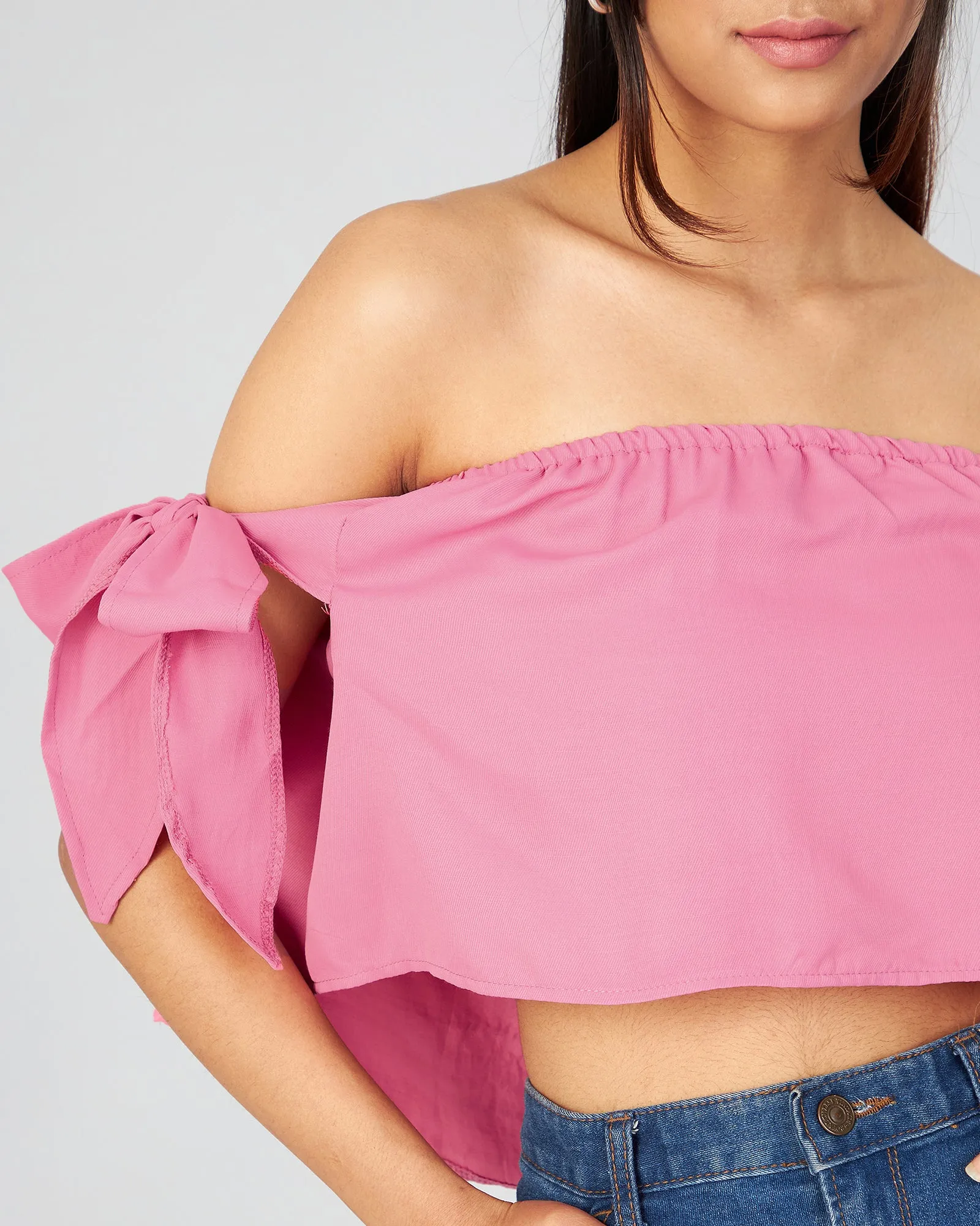 Chimpaaanzee Women  Pink Solid Off Shoulder Crop Top