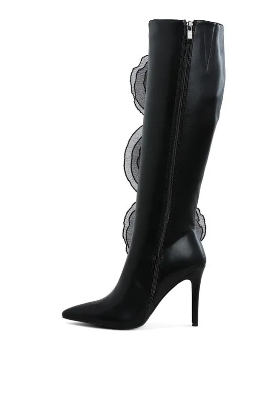 Chinkara Sheer Big Rose Detail Long 4" High Heel Boots