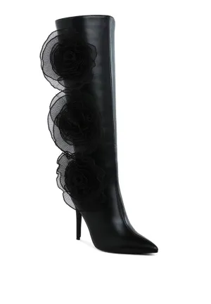 Chinkara Sheer Big Rose Detail Long 4" High Heel Boots