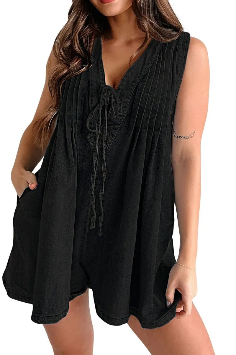 Chouyatou Womens Casual Sleeveless Tie Front Denim Romper Overall Shorts Summer Jean Romper With Pocket