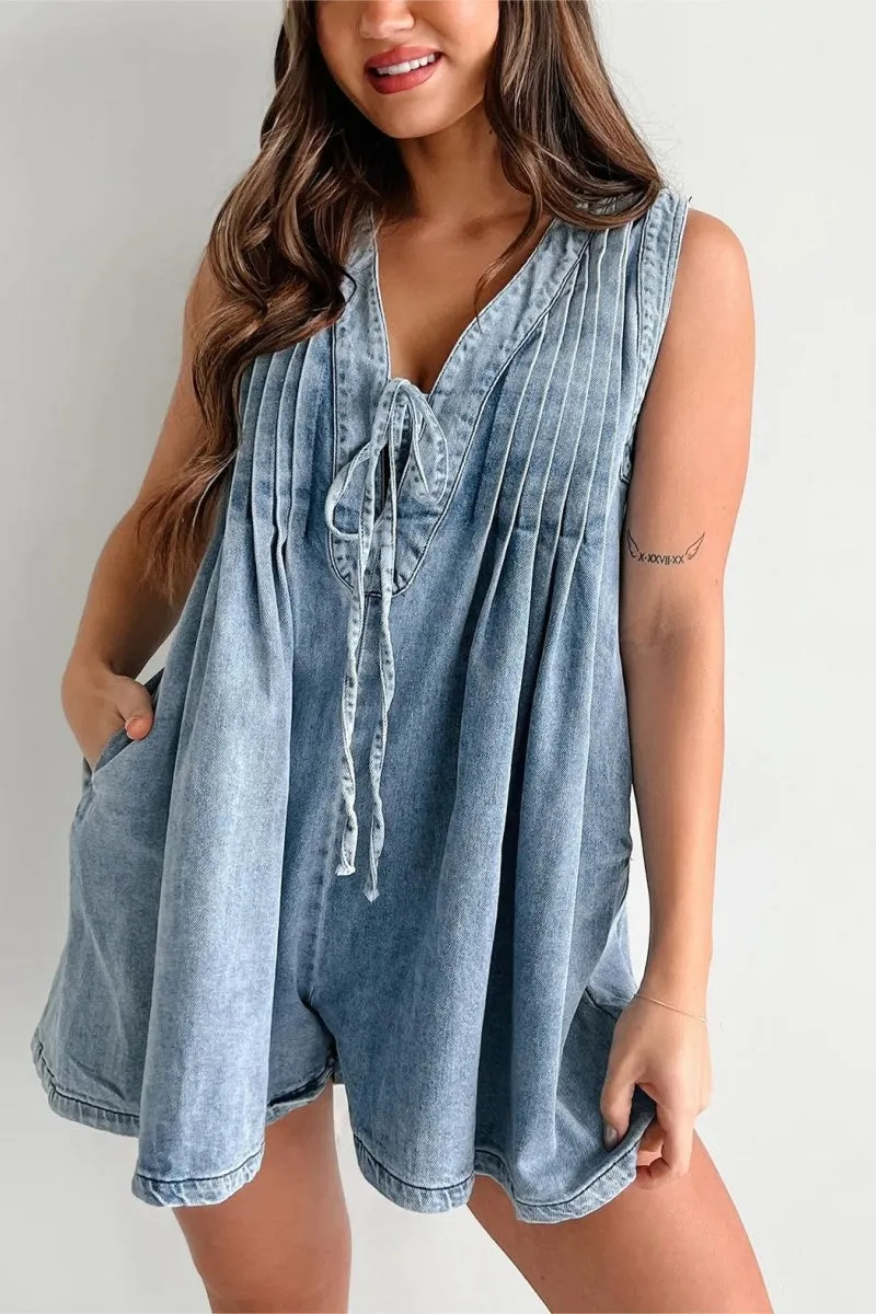Chouyatou Womens Casual Sleeveless Tie Front Denim Romper Overall Shorts Summer Jean Romper With Pocket