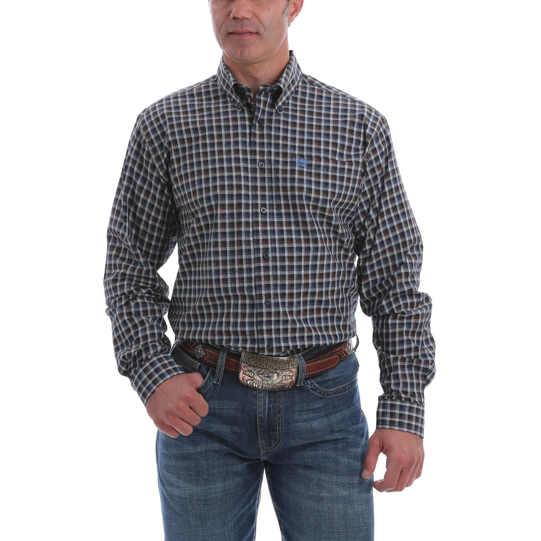 Cinch Men's Button-Down Western Shirt-Navy, White and Brown